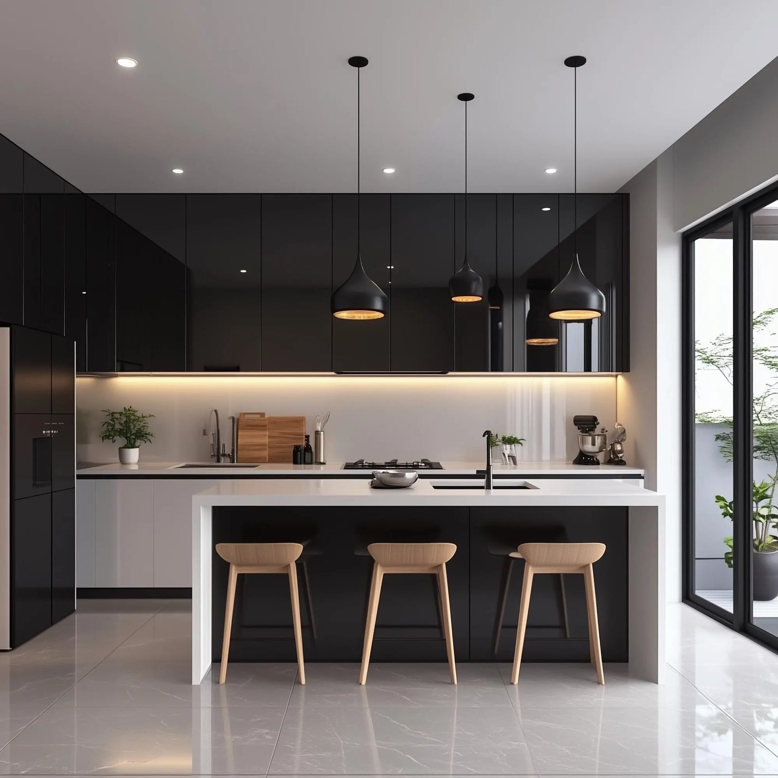 Modular kitchen with matte black overheads, a white island and bar stools